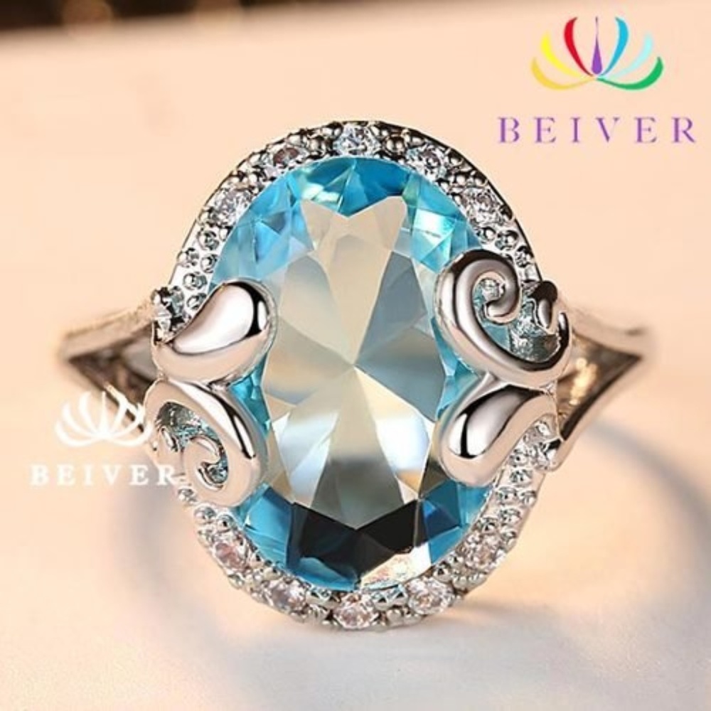 Blue Topaz Oval CZ Zircon Halo White Gold Ring New
